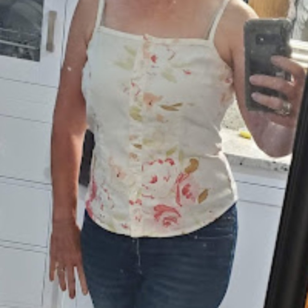 Floral Cream and Pink Linen Blend Tank